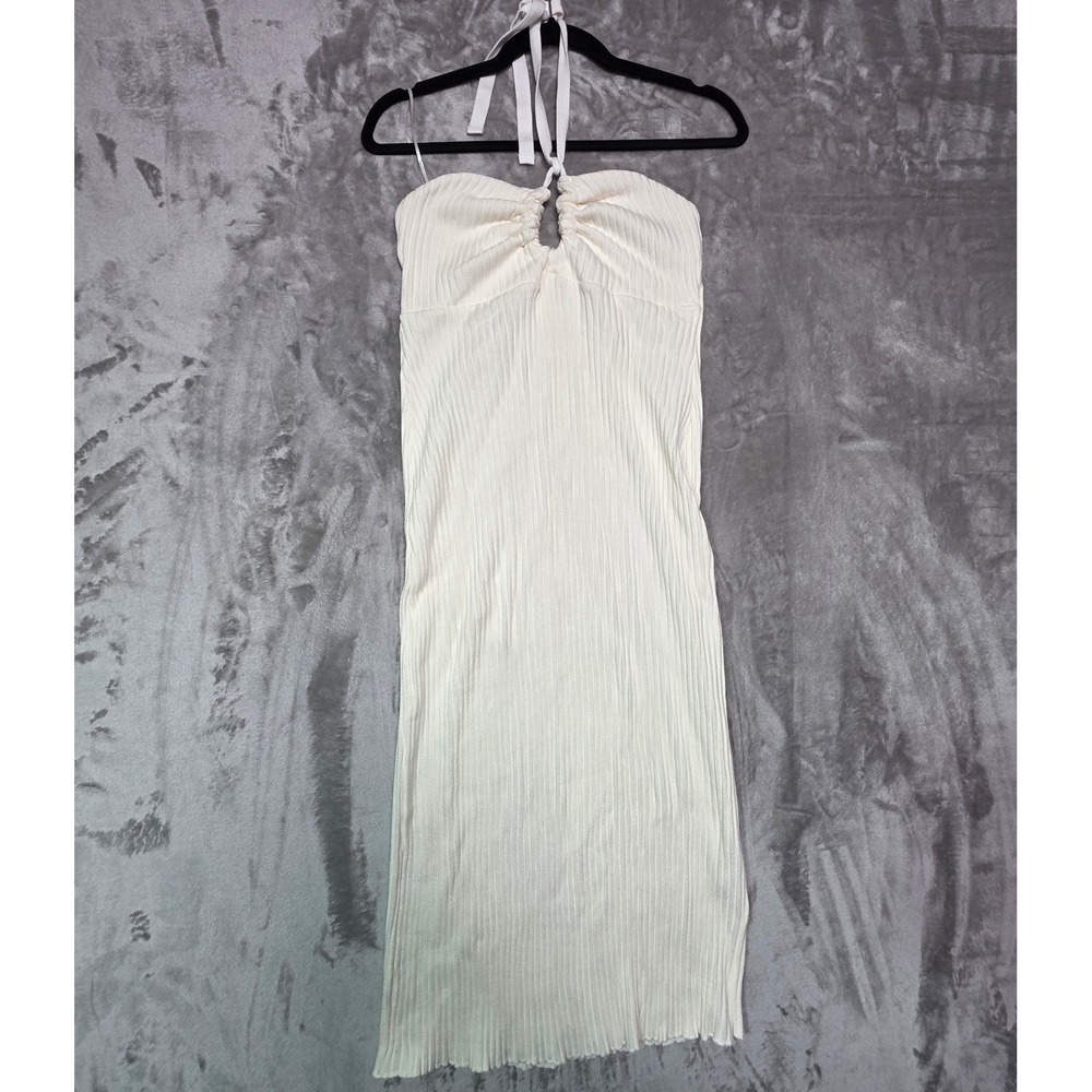 Zara Off White Pleated Rib Halter Midi Dress Keyhole Neck Large